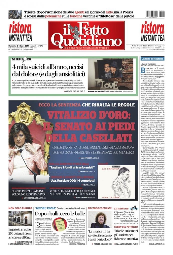 Copertina di domenica 6 ottobre 2019