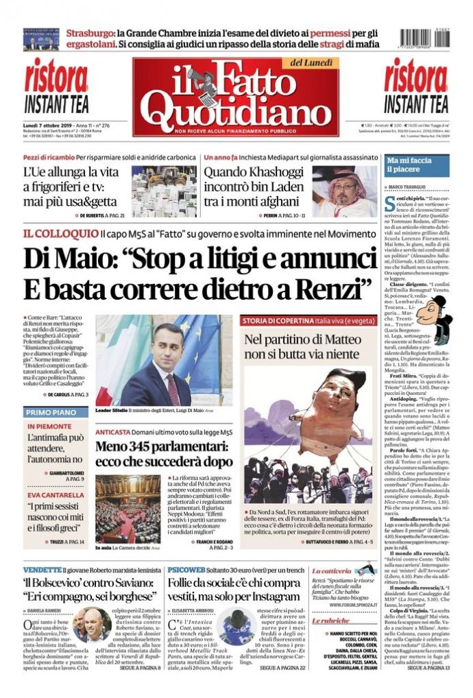 Copertina di lunedì 7 ottobre 2019