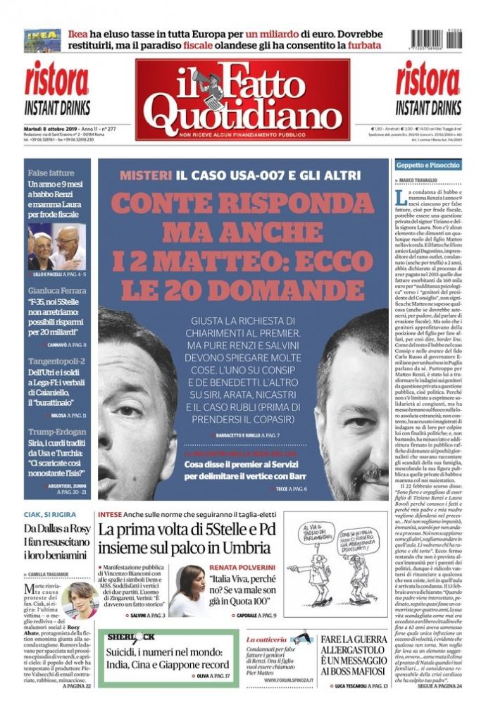 Copertina di martedì 8 ottobre 2019