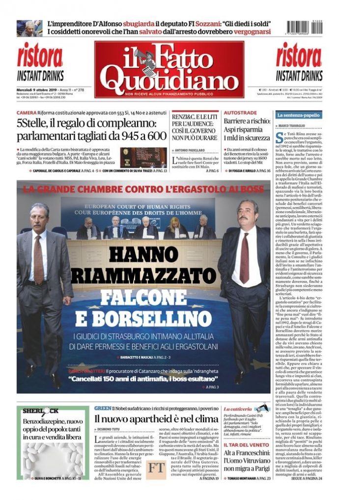 Copertina di mercoledì 9 ottobre 2019