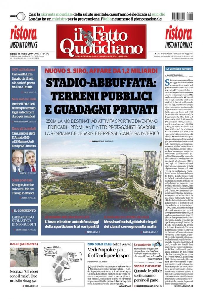 Copertina de Il Fatto Quotidiano di Gio 10 Ottobre 2019
