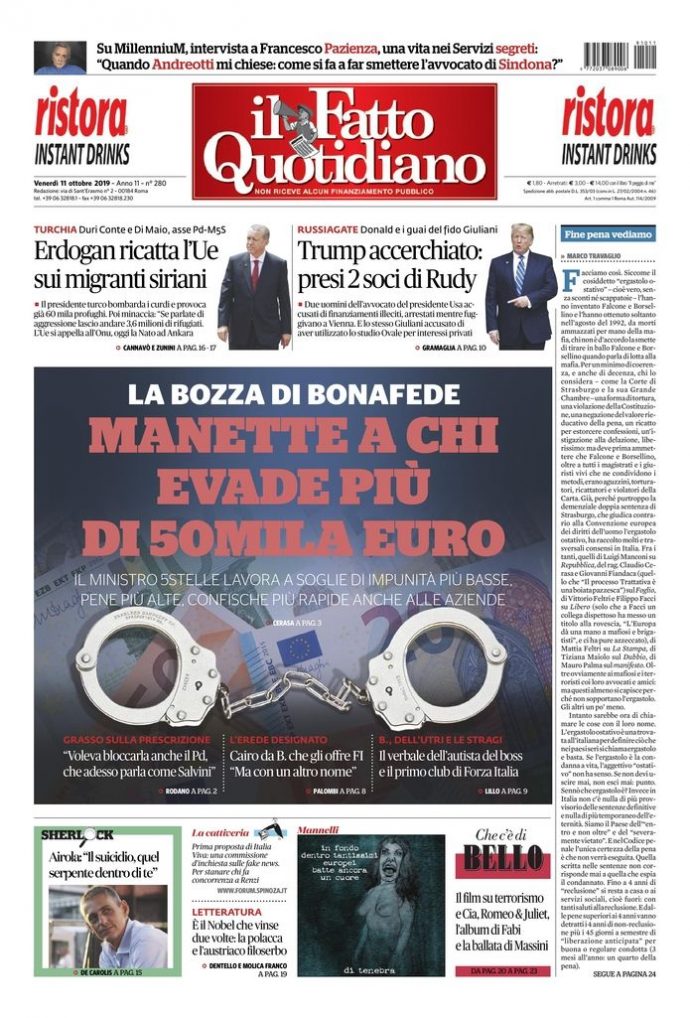 Copertina di venerdì 11 ottobre 2019