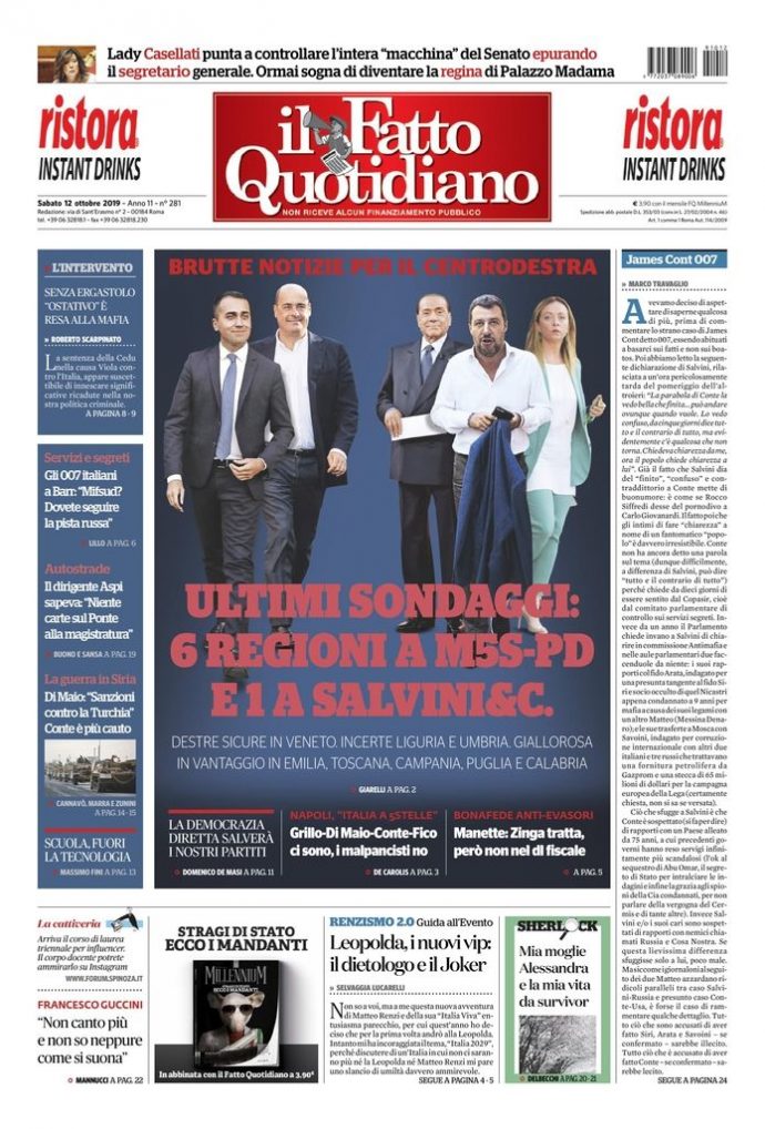 Copertina di sabato 12 ottobre 2019