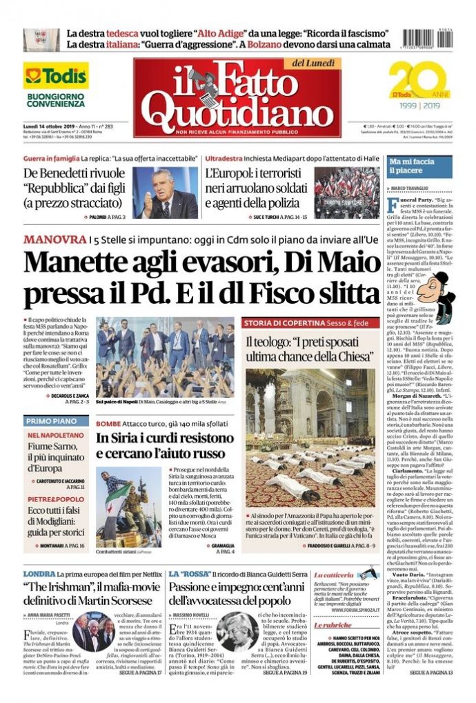 Copertina di lunedì 14 ottobre 2019