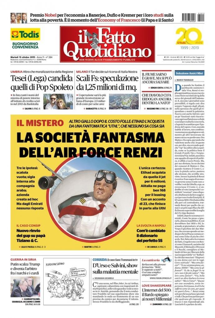 Copertina di martedì 15 ottobre 2019