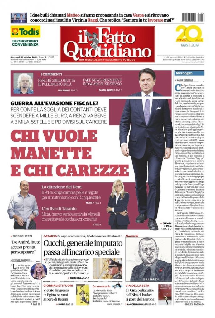 Copertina di mercoledì 16 ottobre 2019