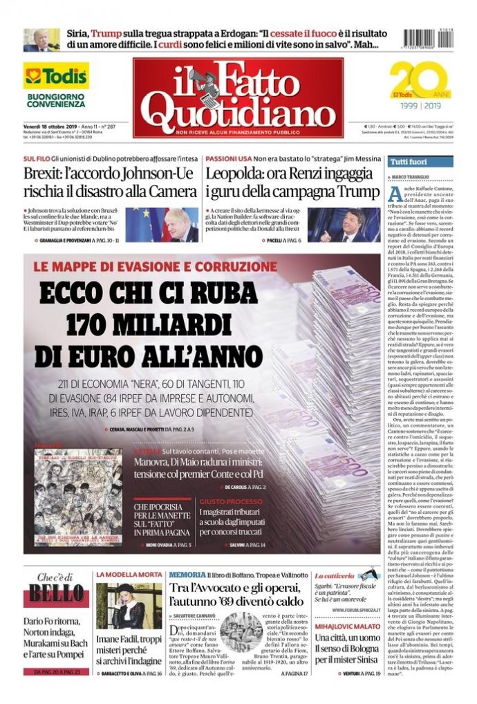 Copertina di venerdì 18 ottobre 2019