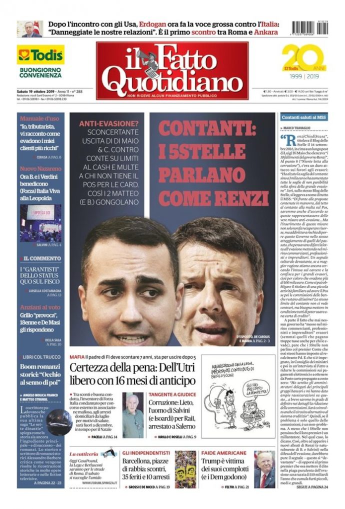 Copertina di sabato 19 ottobre 2019