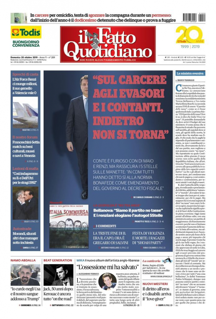 Copertina di domenica 20 ottobre 2019