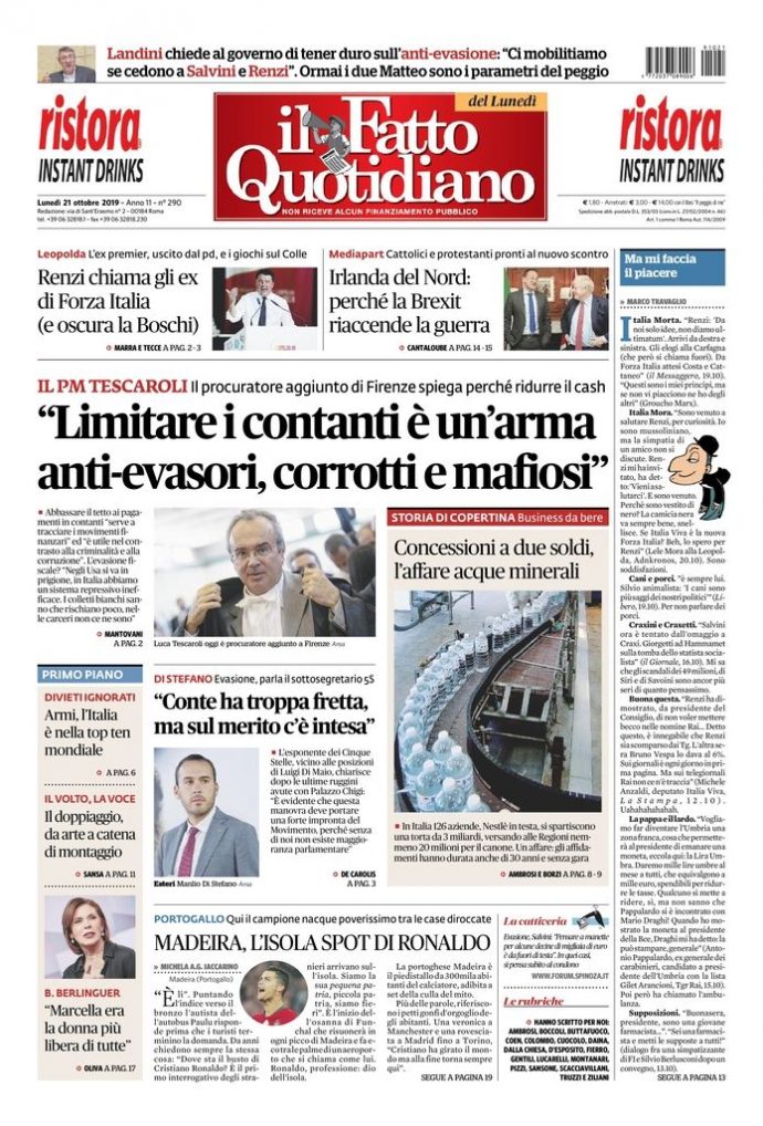 Copertina di lunedì 21 ottobre 2019