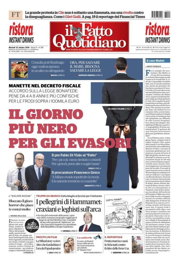 Copertina di martedì 22 ottobre 2019