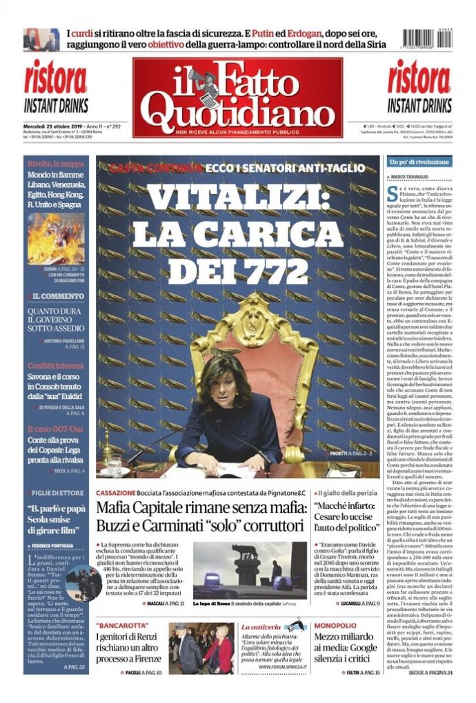 Copertina di mercoledì 23 ottobre 2019