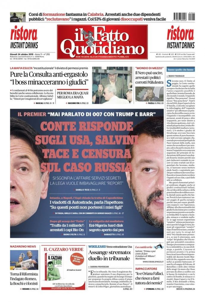 Copertina di giovedì 24 ottobre 2019