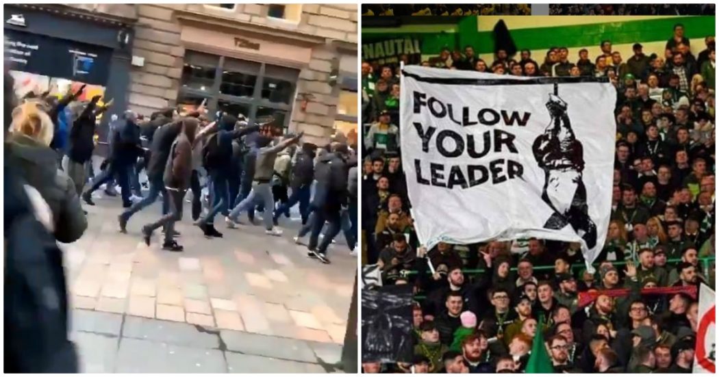 Celtic-Lazio, saluti romani degli ultrà italiani in centro. E gli scozzesi rispondono con lo striscione di Mussolini a testa in giù