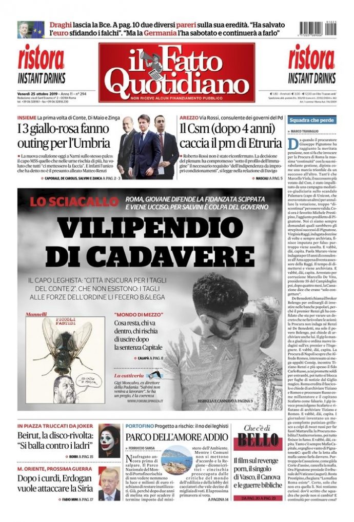 Copertina di venerdì 25 ottobre 2019