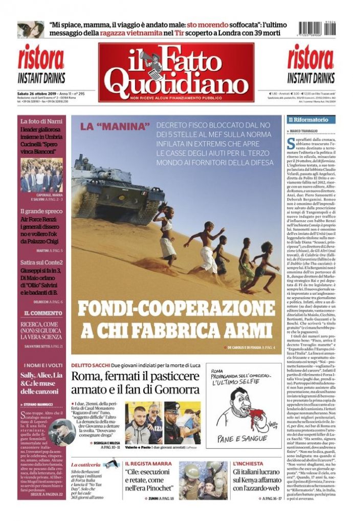 Copertina di sabato 26 ottobre 2019