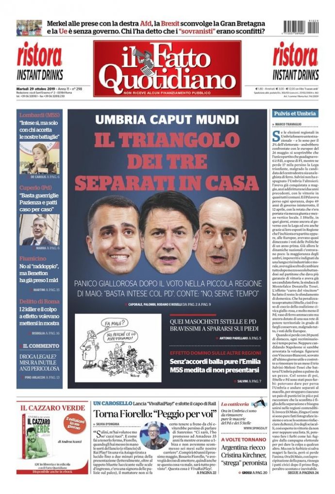 Copertina di martedì 29 ottobre 2019