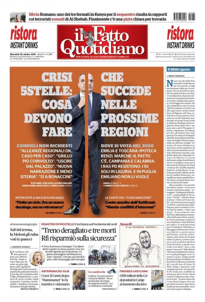 Copertina di mercoledì 30 ottobre 2019