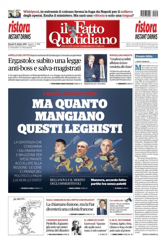 Copertina di giovedì 31 ottobre 2019