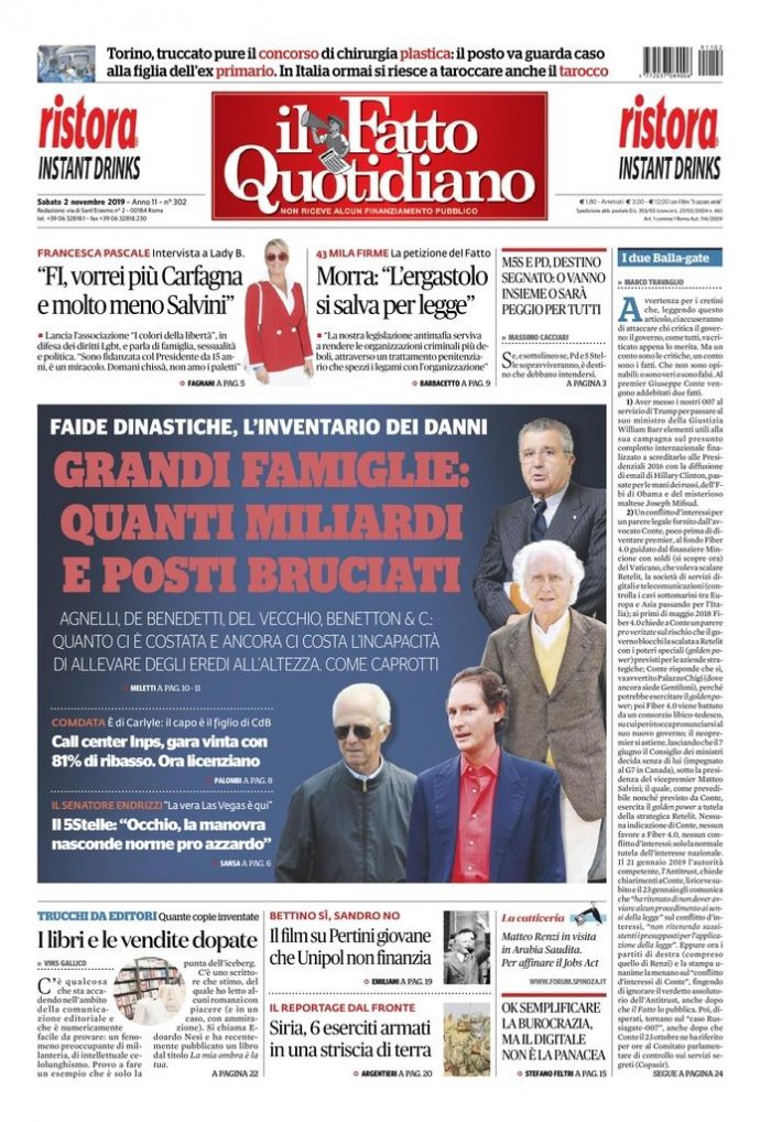 Copertina di sabato 2 novembre 2019