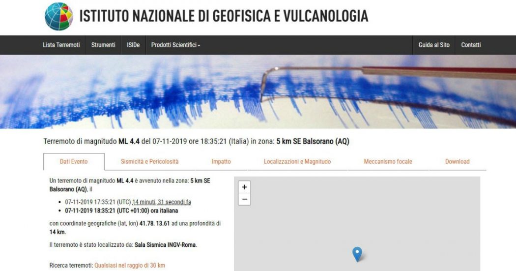 L’Aquila, Ingv: “Scossa di terremoto di magnitudo 4.4”. Sisma avvertito anche a Roma