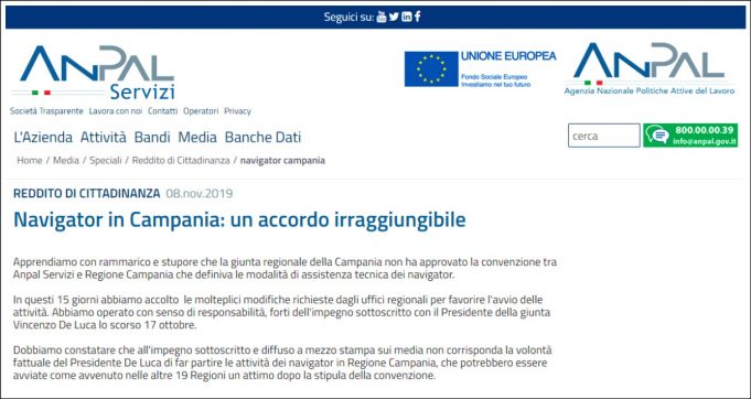 Reddito di cittadinanza, scontro Anpal-Campania sui navigator: “Giunta non sblocca assunzioni”. “Falso, colpa dell’agenzia”