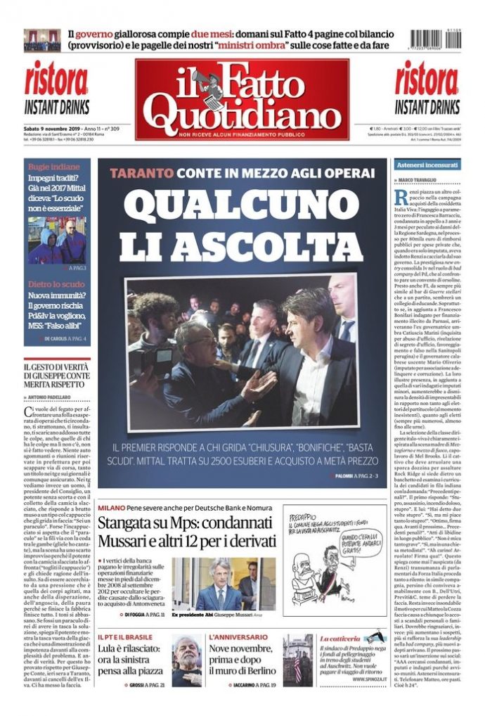 Copertina di sabato 9 novembre 2019