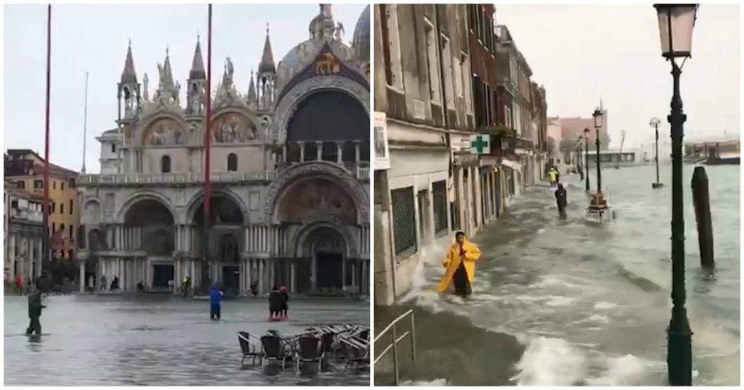 Venezia, l’alta marea sfiora i 130 centimetri: turisti in una piazza San Marco allagata