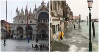 Copertina di Venezia, l’alta marea sfiora i 130 centimetri: turisti in una piazza San Marco allagata