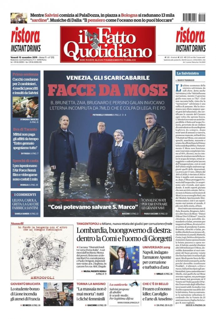 Copertina di venerdì 15 novembre 2019