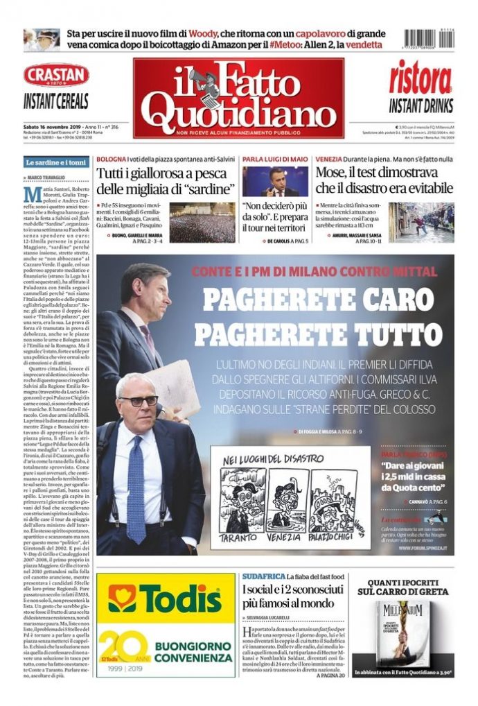 Copertina di sabato 16 novembre 2019