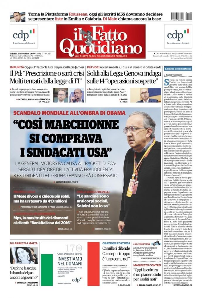 Copertina di giovedì 21 novembre 2019