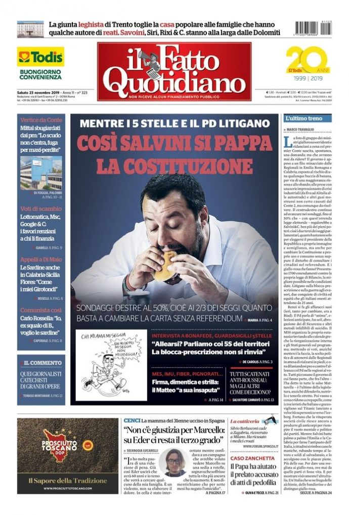 Copertina di sabato 23 novembre 2019