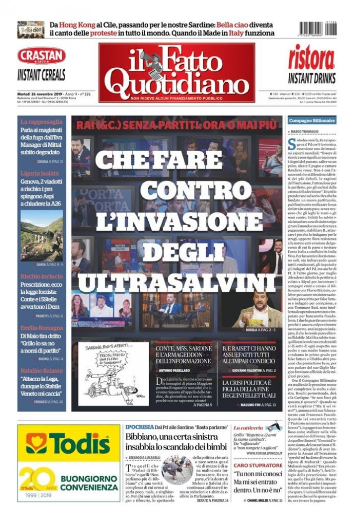 Copertina di martedì 26 novembre 2019