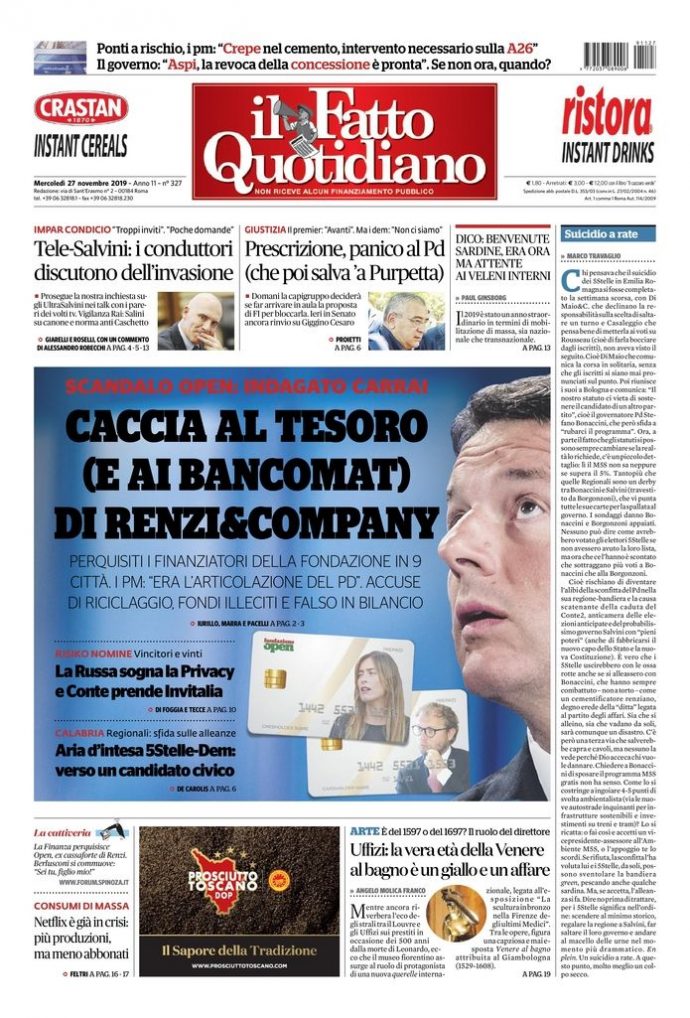 Copertina di mercoledì 27 novembre 2019