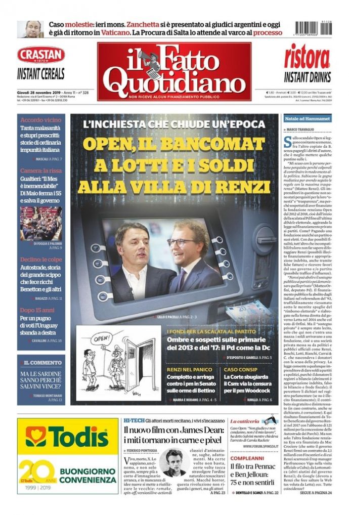 Copertina di giovedì 28 novembre 2019