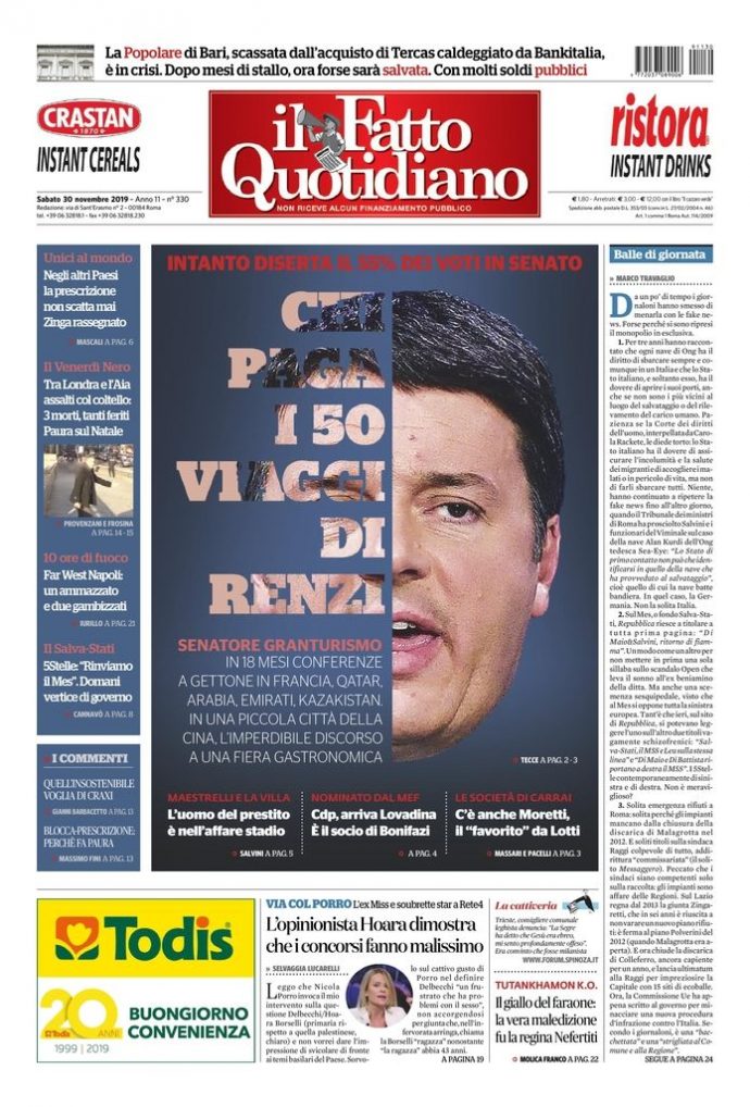 Copertina di sabato 30 novembre 2019