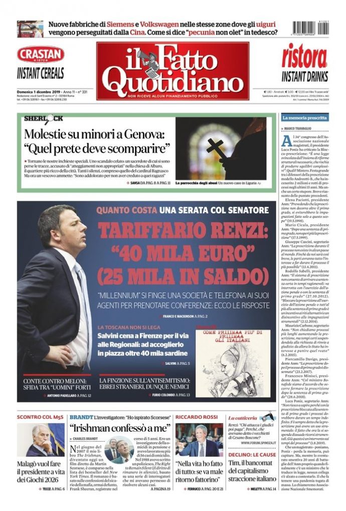 Copertina di domenica 1 dicembre 2019