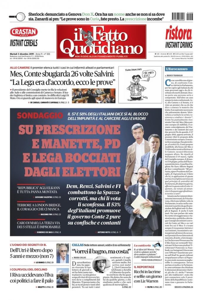 Copertina di martedì 3 dicembre 2019