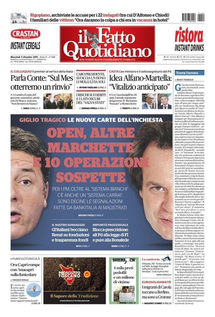 Copertina di mercoledì 4 dicembre 2019