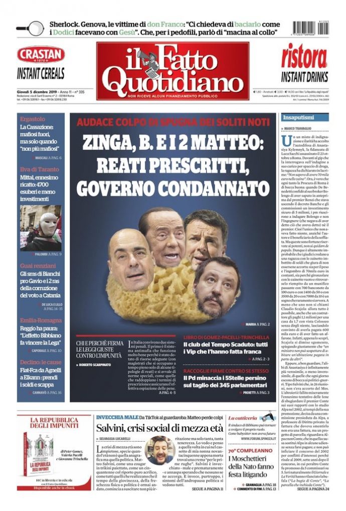 Copertina di giovedì 5 dicembre 2019