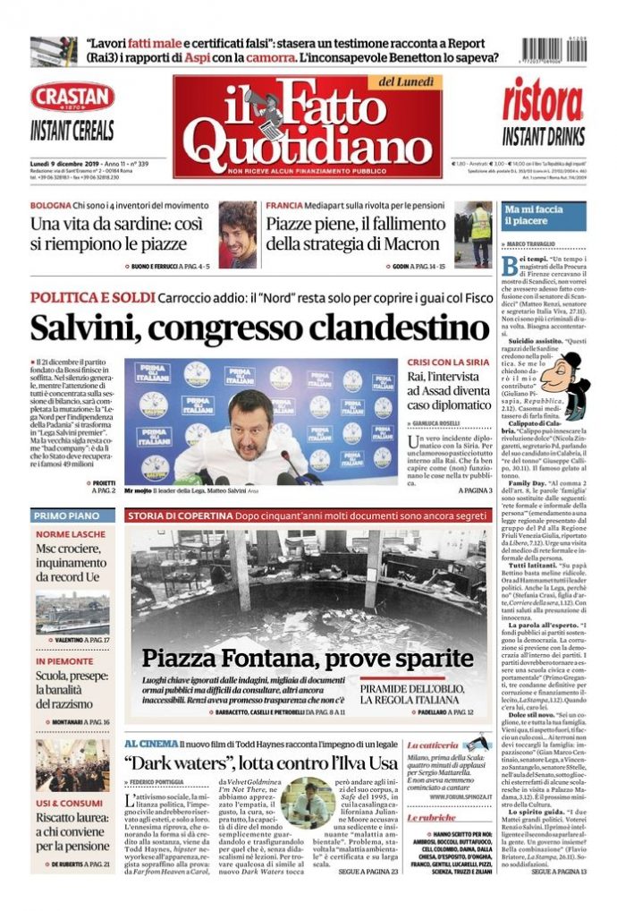 Copertina di lunedì 9 dicembre 2019