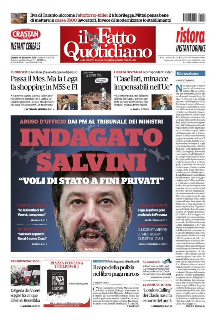 Copertina de Il Fatto Quotidiano di Gio 12 Dicembre 2019