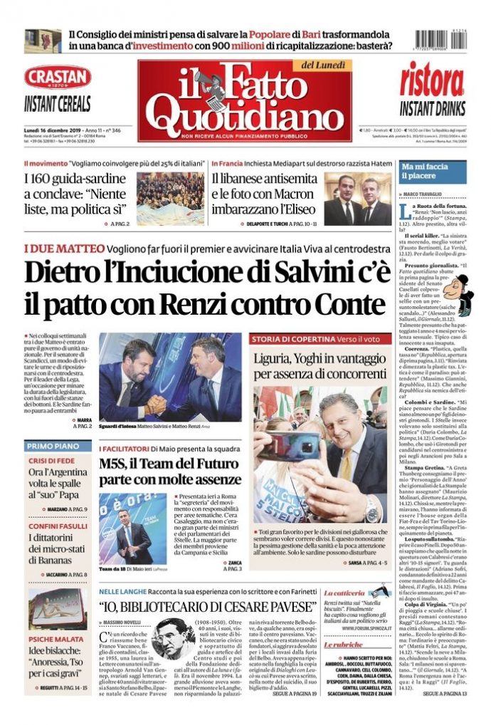 Copertina di lunedì 16 dicembre 2019