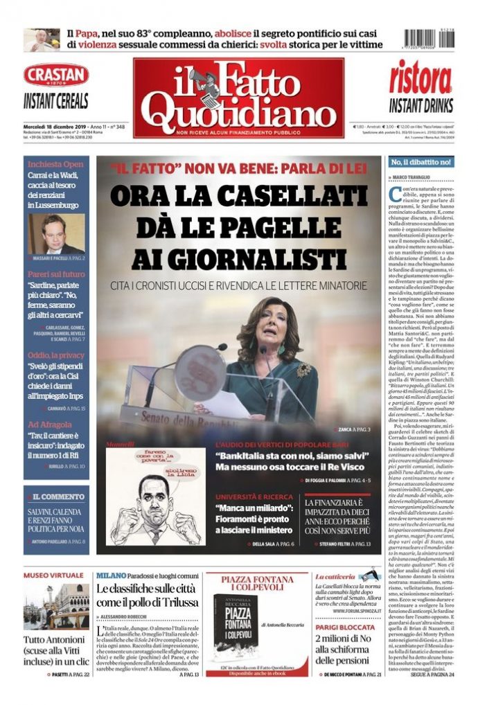 Copertina di mercoledì 18 dicembre 2019