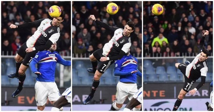 Cristiano Ronaldo salta fino a 2,56 metri: la fotosequenza del gol di testa alla Sampdoria. E lui scherza: “Come Michael Jordan”