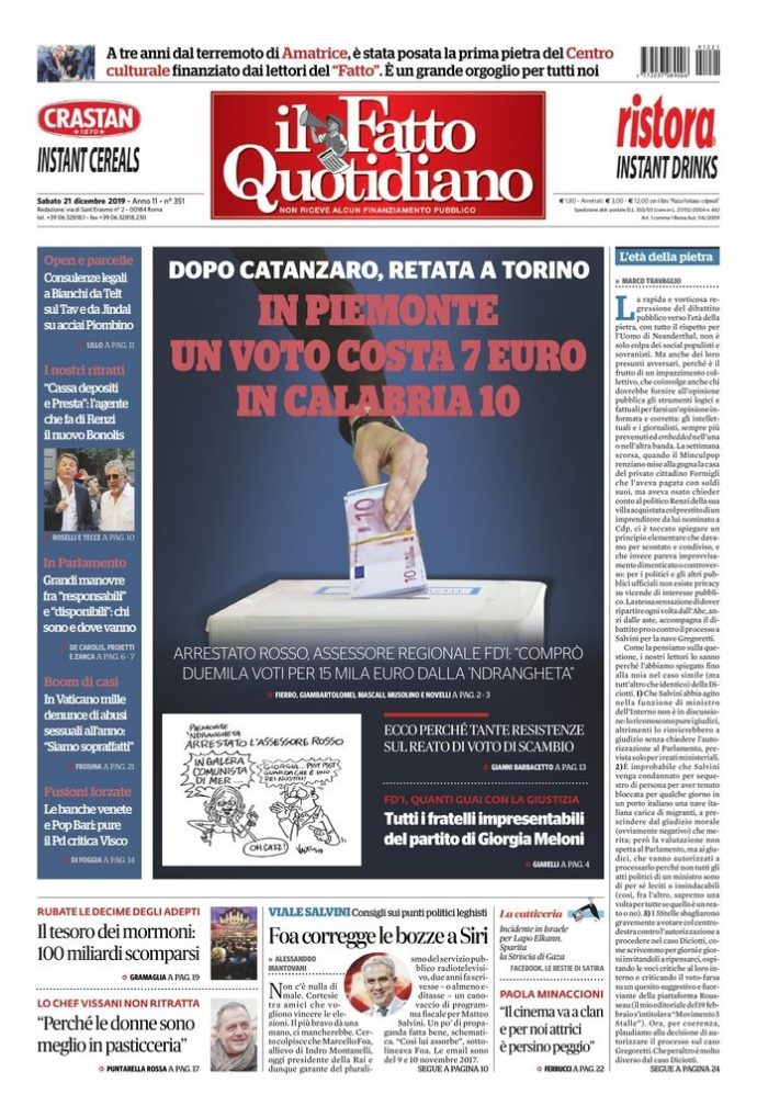 Copertina di sabato 21 dicembre 2019