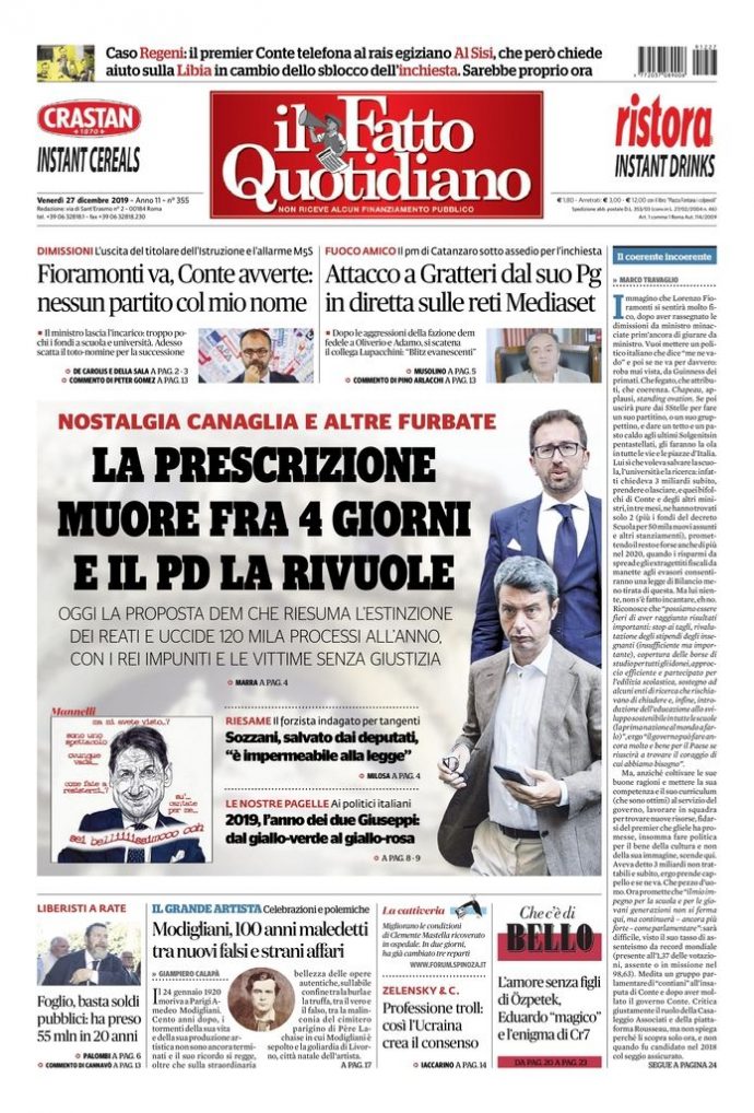 Copertina di venerdì 27 dicembre 2019