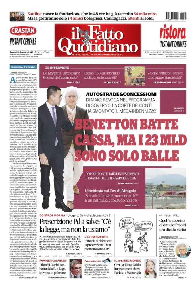 Copertina di sabato 28 dicembre 2019