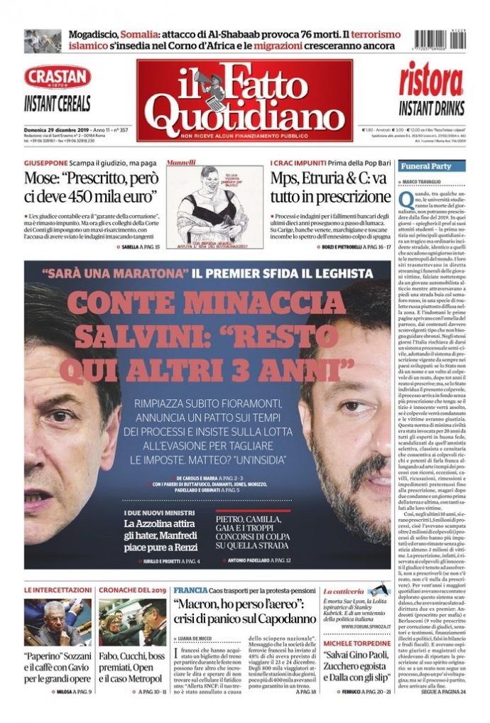 Copertina di domenica 29 dicembre 2019